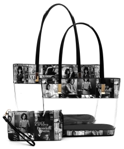Magazine Cover Collage See Thru 3-in-1 Tote Set OA2669T GRAY/BLACK